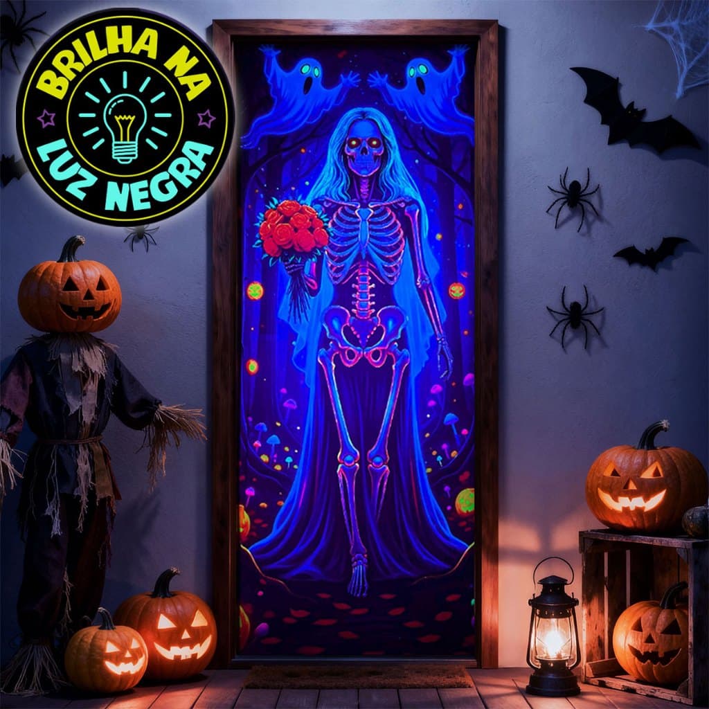 Capa Decoração de Porta Halloween Caveira Neon Brilha C/ Luz Negra 0,85x2,1m Tecido Sublimado C/Elástico
