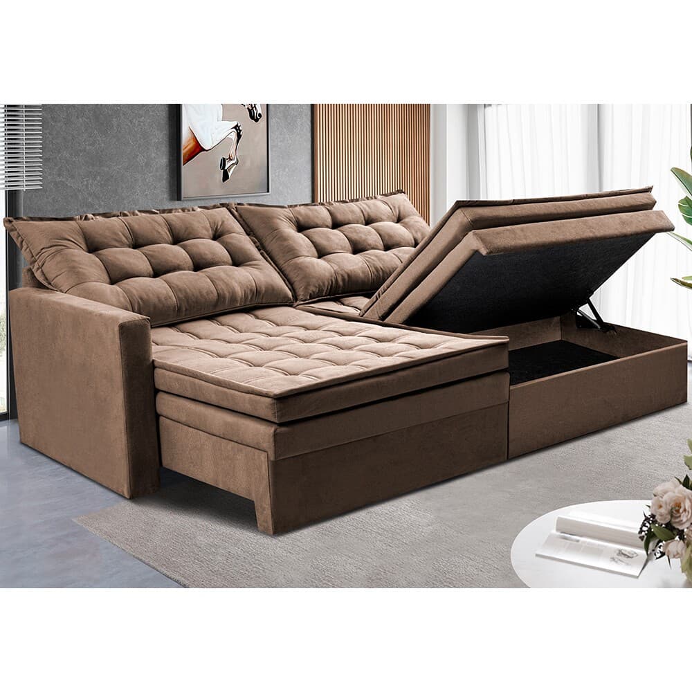 Sofá Sem Caixa Retrátil Baú 1,80m Cama inBox Secret Suede Velusoft Castor