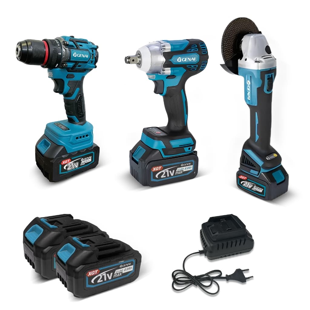 Kit 3 EM 1 Motor Sem Escovas Esmerilhadeira Parafusadeira Chave 1/2 21v + Caixa De Ferramentas