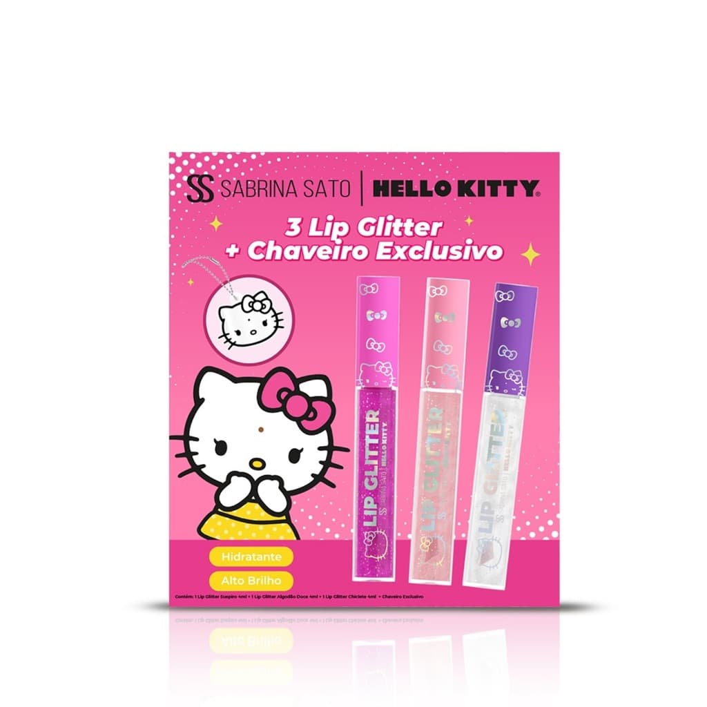 Kit  Com 3 Lip Glitters + Chaveiro Espelhado Hello Kitty C/7 Óleos Vegetais, sabores Chiclete, Algodão Doce e Suspiro