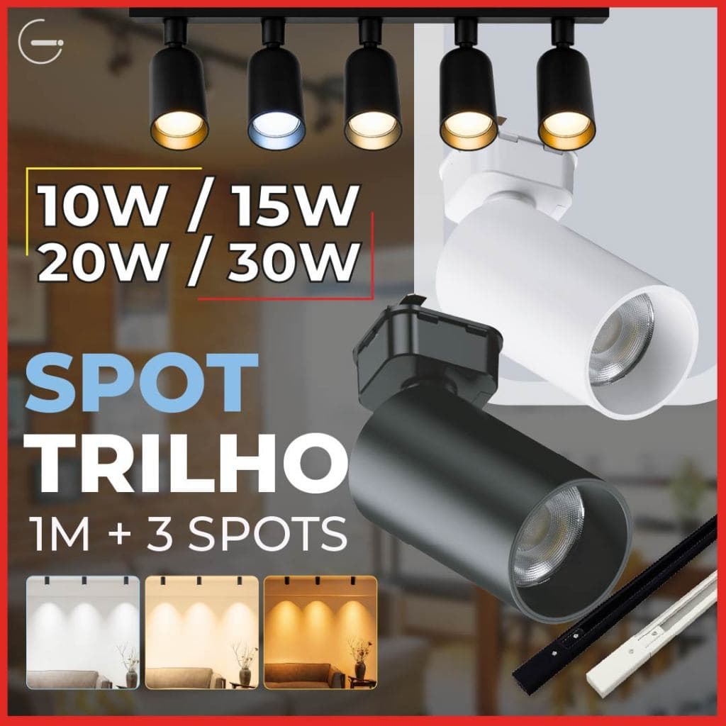 1M Trilho + 3 Spot LED 30W 20W 15W 10W Eletrificado + Trilho Tubinho Preto e Branco Bivolt
