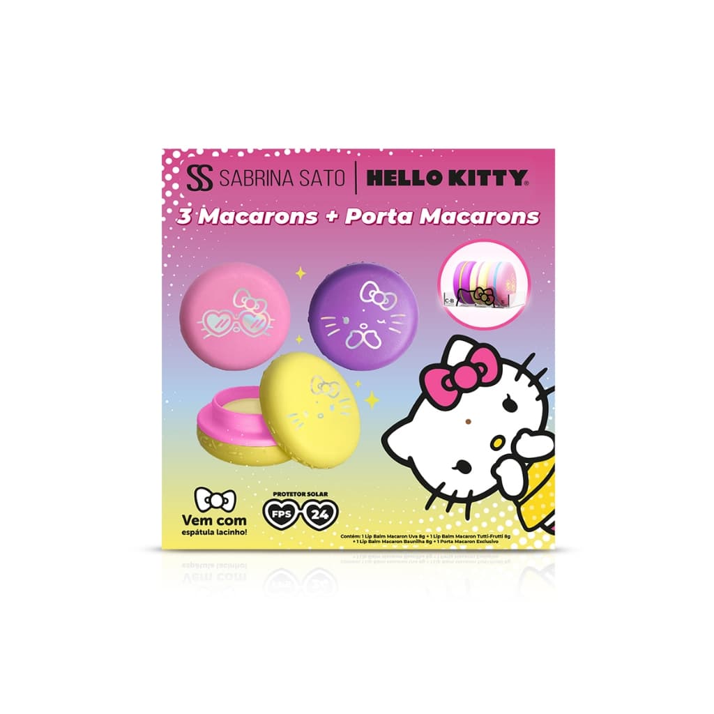 Kit Com 3 Lip Balm Macaron Hello Kitty + Box Acrilico, Uva, Baunilha, Tutti Frutti C/ Manteiga de Karité, Cacau, Cupuaçu