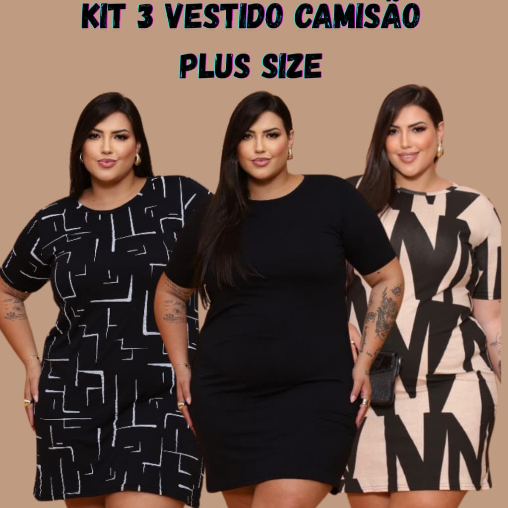 KIT  3 Vestidos Feminino Curto Camisão  Verão  Plus Size Curve Curvy Moda Feminina Elegante Festa