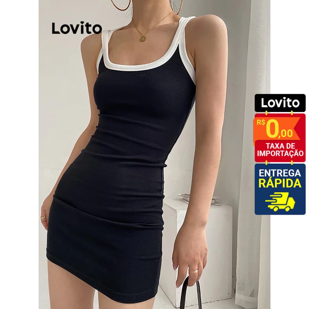 Lovito Vestido Feminino Curto Justo com Alça Contrastantes DRNS41BX052