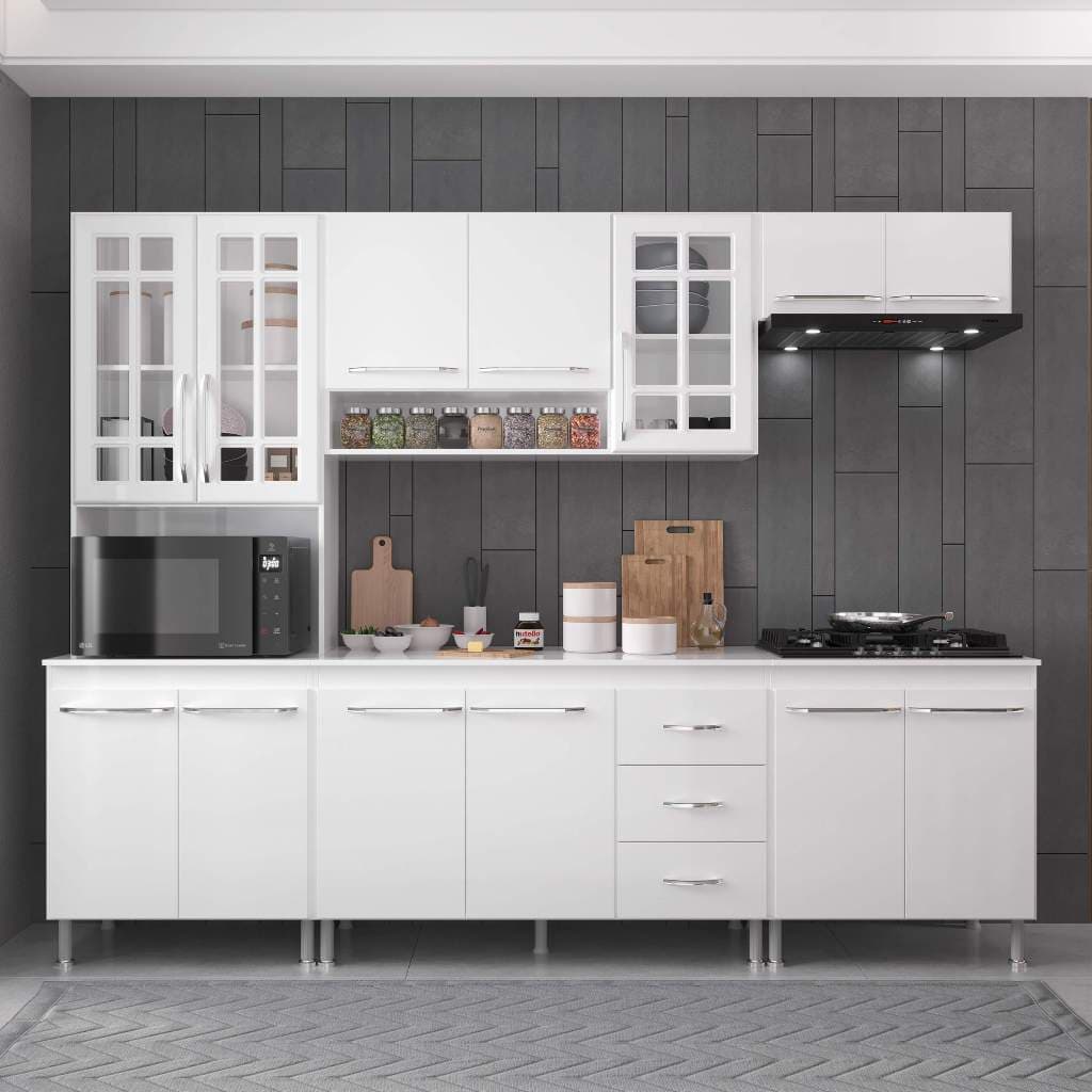 Armário de Cozinha Modulada Completa Fidelitá Viena 5 Peças 260cm 13 Portas 3 Gavetas Com Tampo Branco