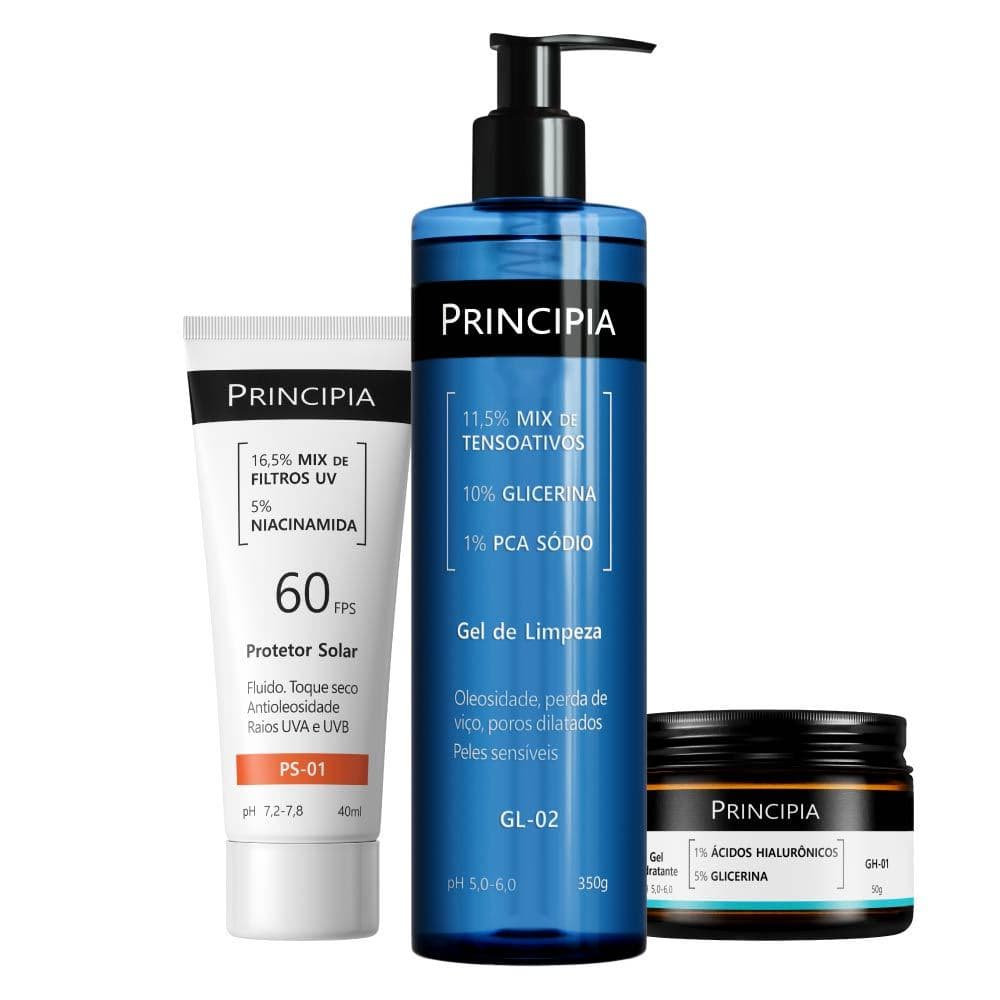 Principia Kit Rotina Essencial c/ Gel de Limpeza GL-02 + Gel Hidratante GH-01 + Protetor Solar PS-01 FPS60