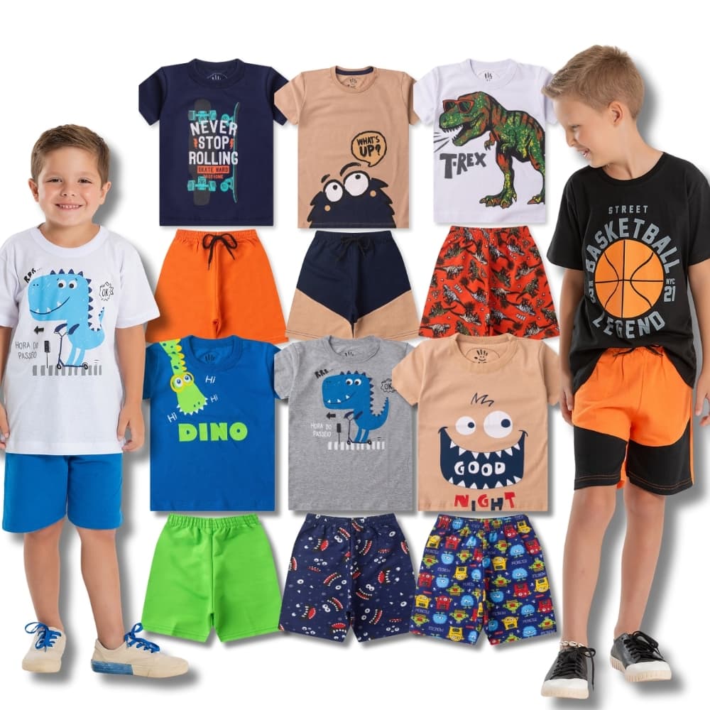 Kit Sortido 12 Peças 6 Camisetas + 6 Bermudas Infantil Juvenil Masculino Menino Tam 1 ao 14