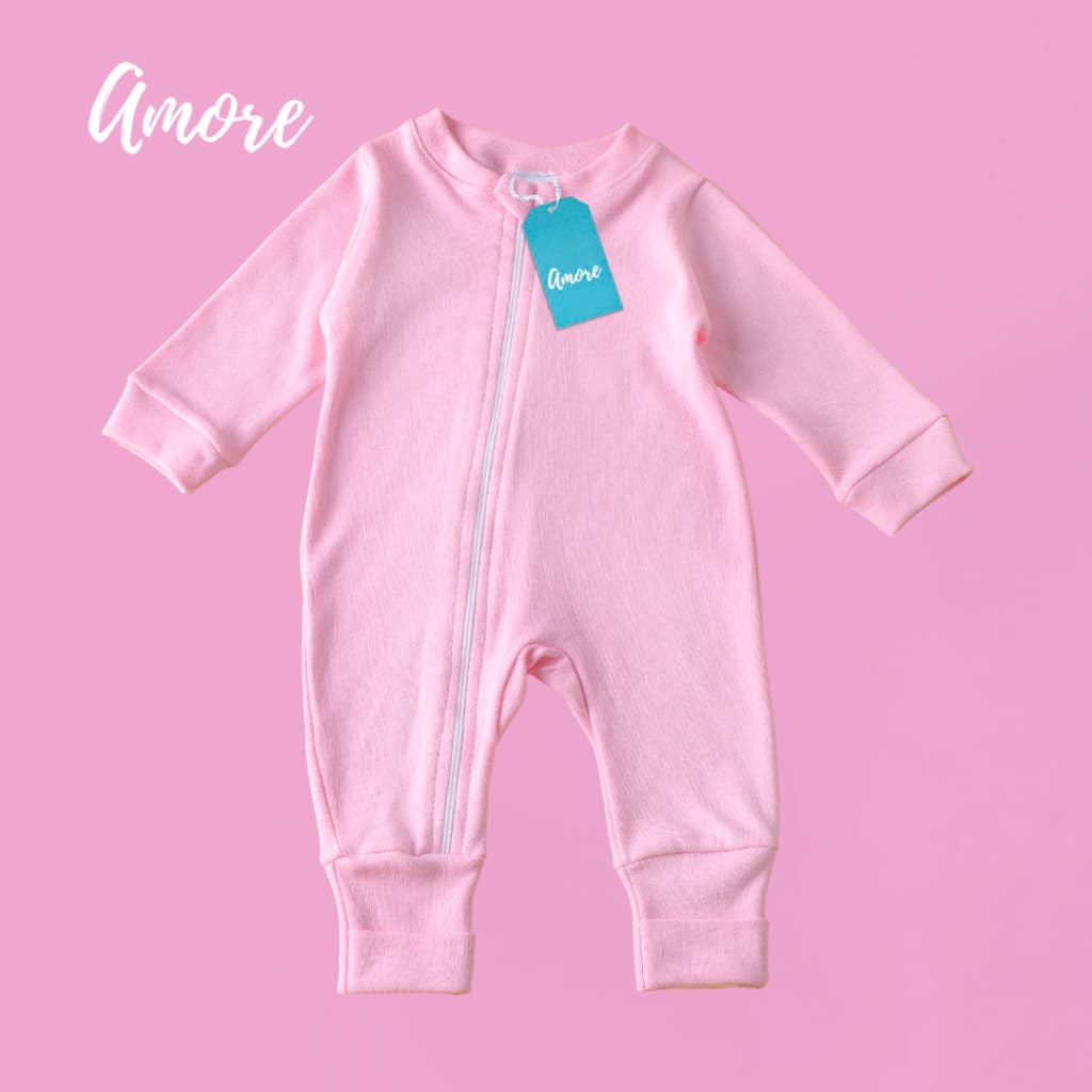 Roupa de Bebê Macacão Amore Vira Pé Rosa com Zíper Menina 100% Algodão