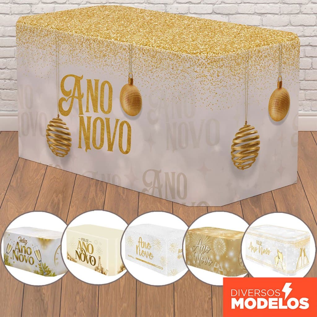 Capa Forro de Mesa Ano Novo Reveillon Sublimado em Decoração de Mesa Tecido Veste Fácil