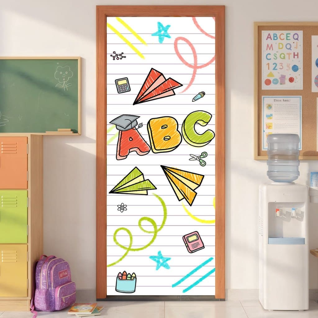 Capa De Porta Decoração Sala de Aula ABC Escolar Sublimado Em Tecido 0,80x2,10m Veste Porta