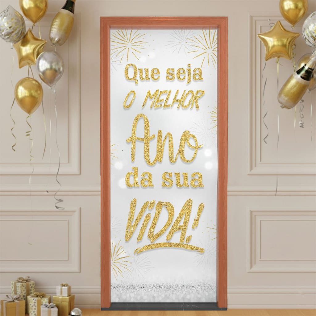 Capa de Porta Decoração Ano Novo Glitter Sublimado Em Tecido 0,80x2,10m Decoração Ano Novo para Casa