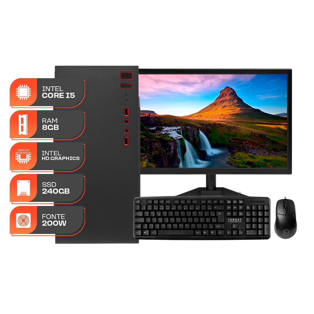 Computador Home Essential S, Intel Core i5, 8GB DE RAM, SSD 240GB, Completo com Monitor e Periféricos + Adaptador WI-FI