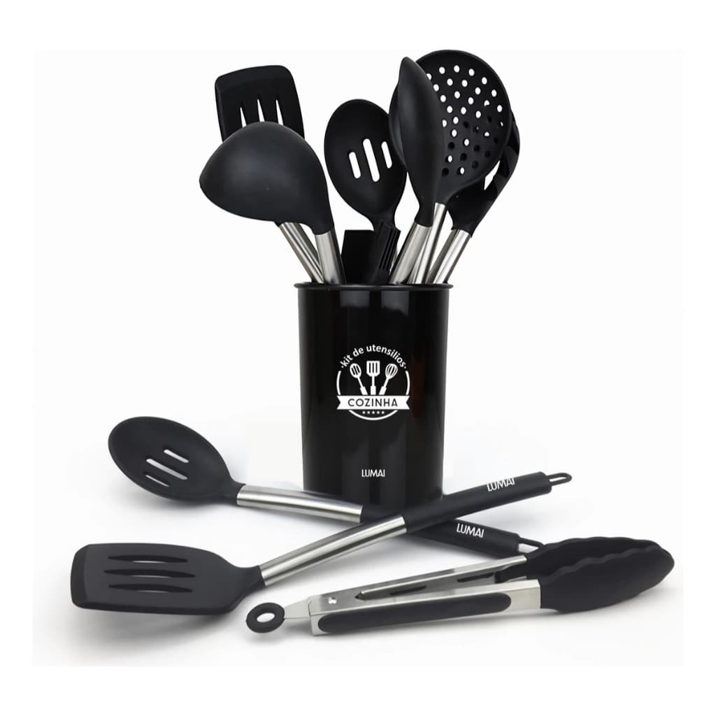 Lumai Jogo 10 Utensílios Cozinha Silicone Cabo Inox Espátula Colher Pegador Concha Kit
