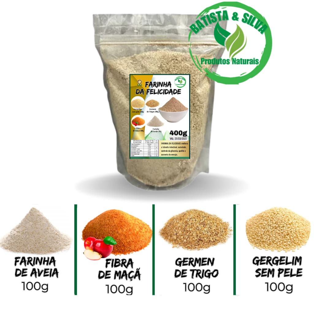 FARINHA DE FELICIDADE 400g  (Contem: Farinha de Aveia, Gérmen de Trigo, Gergelim sem pele, Fibra de Maça)