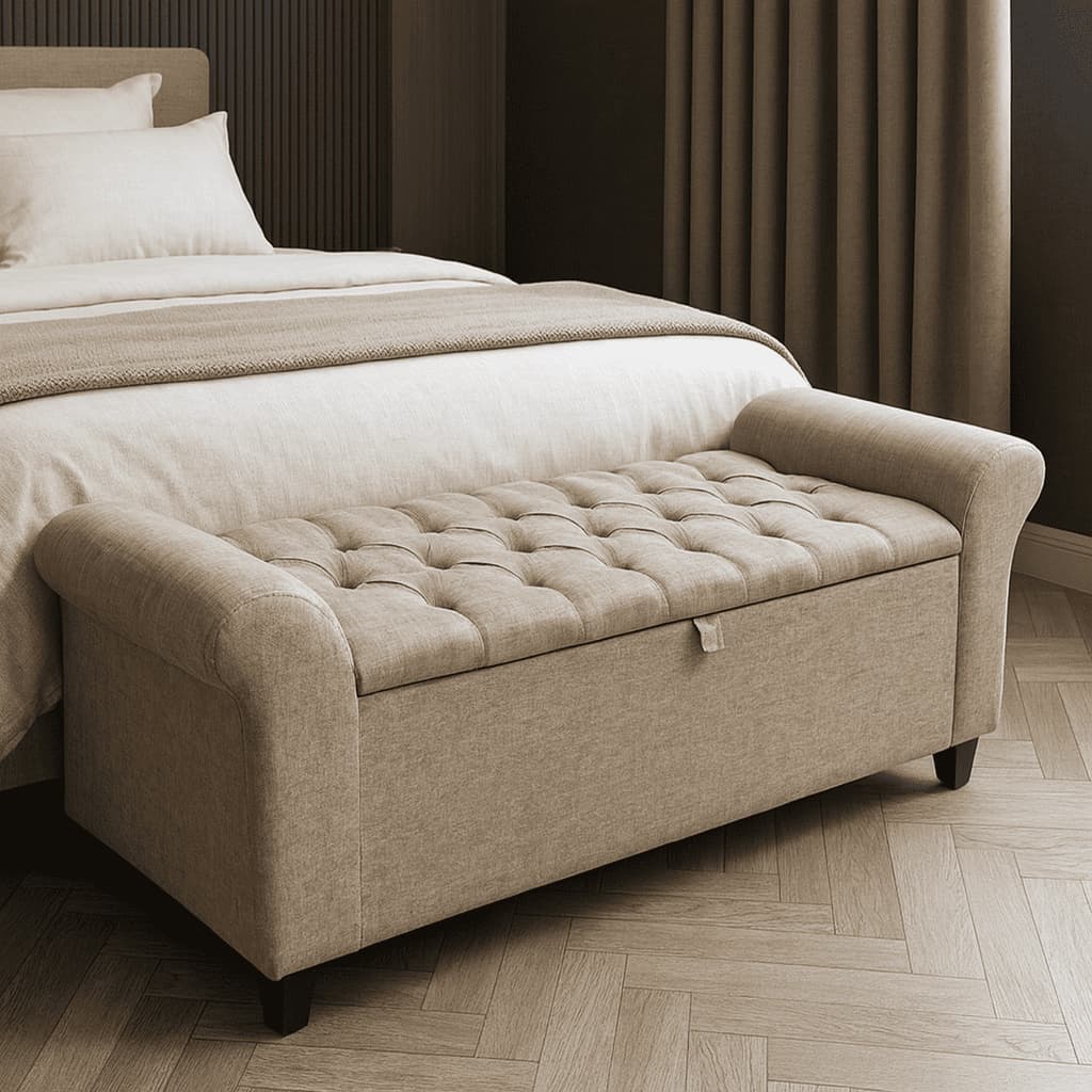 Baú Recamier Divã Paris Capitonê 190cm Estofado em Linho Premium Estrutura em Madeira Para Cama King Quarto - AV