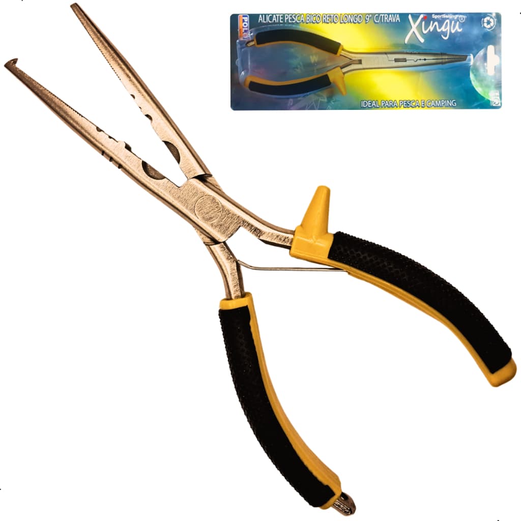 Alicate Pesca Split Ring Bico Fino Longo Com Trava 9 Polegadas Para Pesca e Camping Xingu