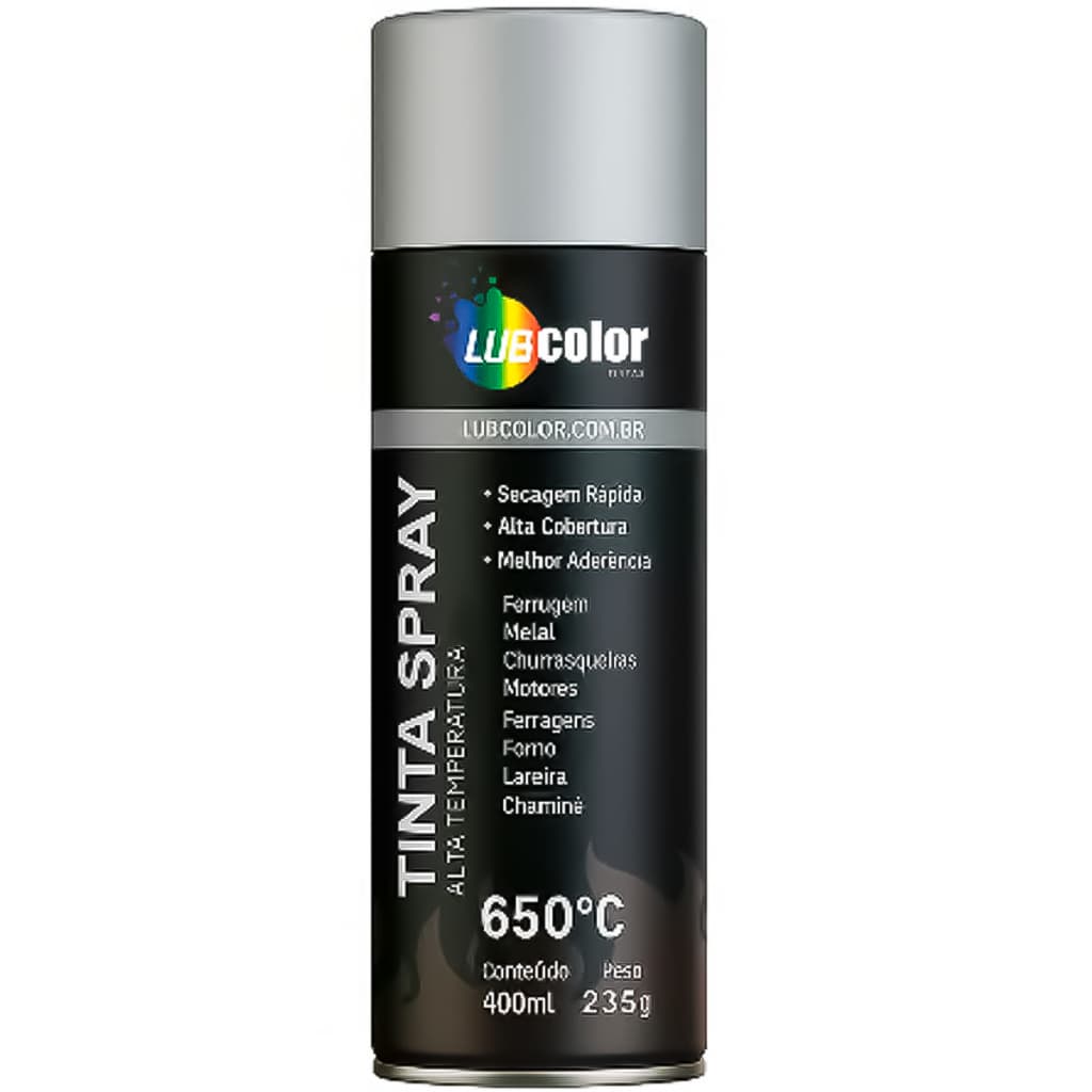 Tinta Spray Alumínio Alta Temperatura Uso Geral 400ml Madeira Plástico Metal Isopor - LUBCOLOR
