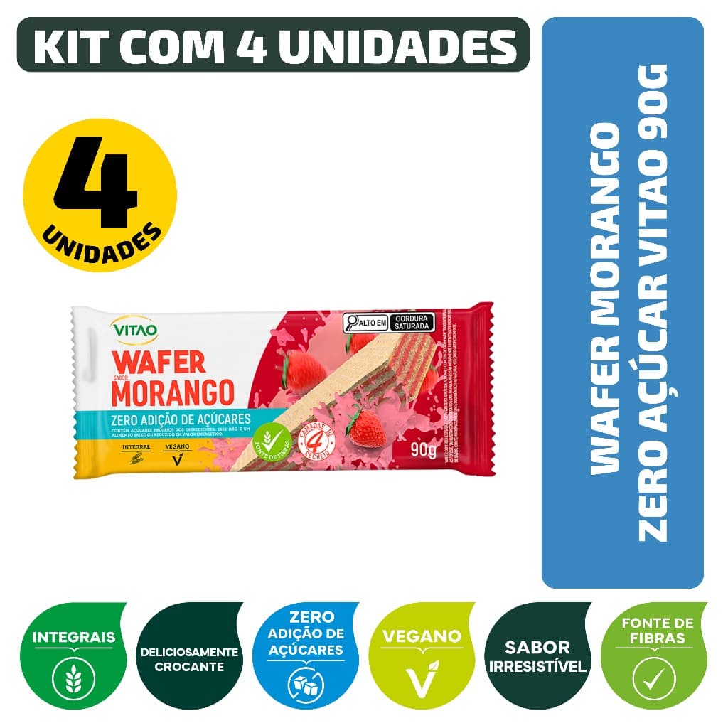 Kit Wafer Morango Zero Açúcar Vitao 90G - 4 Unidades