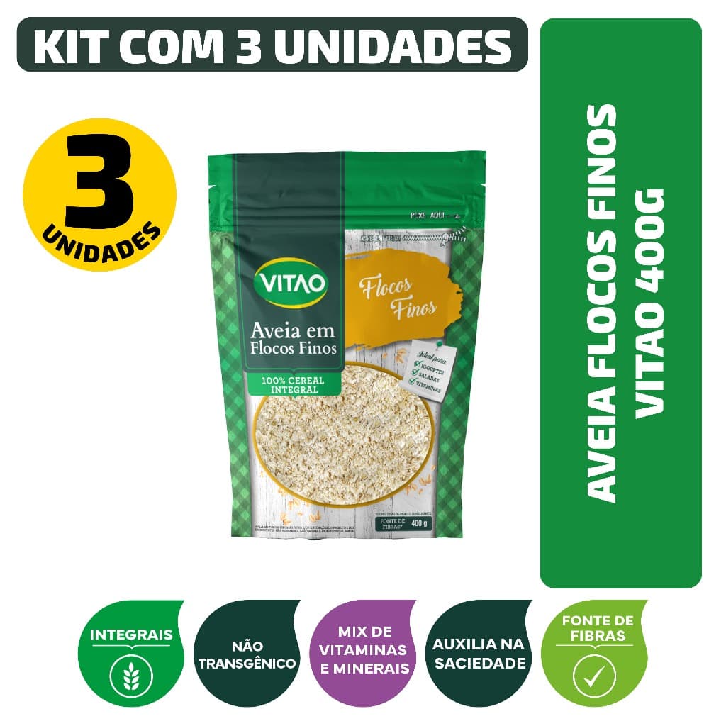 Aveia Flocos Finos Integral Vitao 400G - Kit 3 Unidades