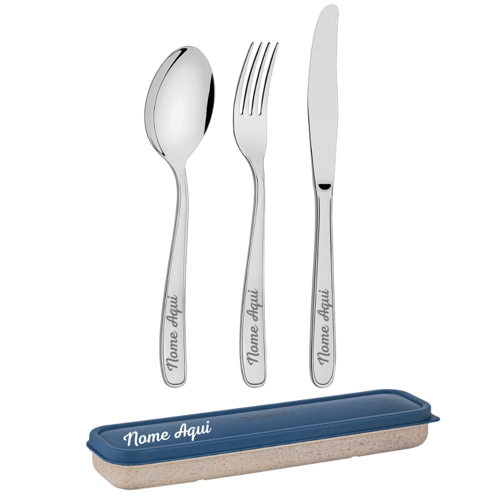 Kit Estojo e Talheres Adulto com Garfo, Faca e Colher  em Aço Inox – Personalizado a Laser