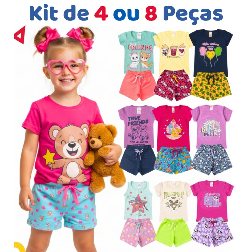 Kit de 4 ou 8 Peças Roupa Infantil Menina Verão Conjunto Feminino Criança Pronta Entrega