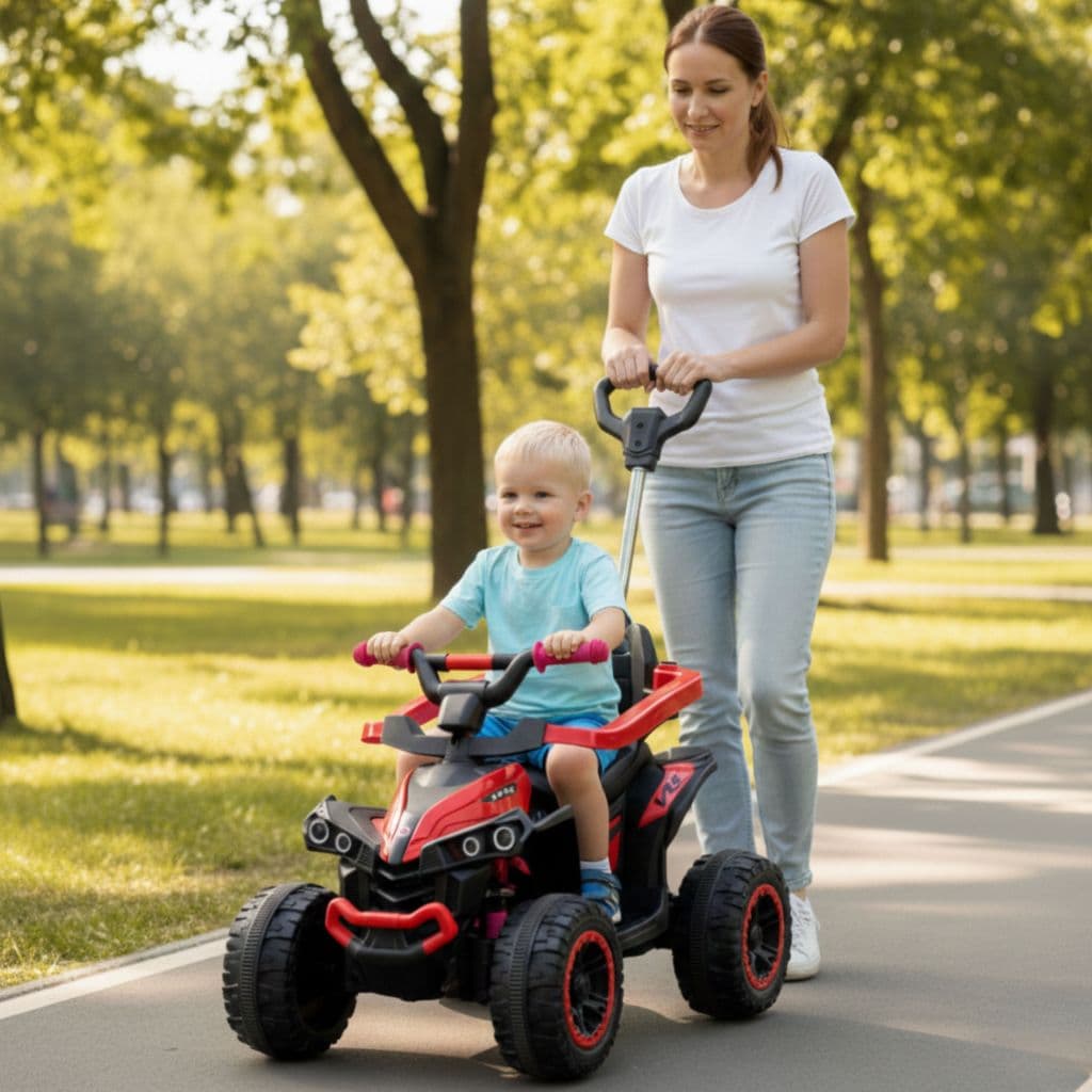 Quadriciclo Infantil Eletrico e Passeio com Aro de Proteção, Haste Direcionavel, Som e Luz Brinq Kids