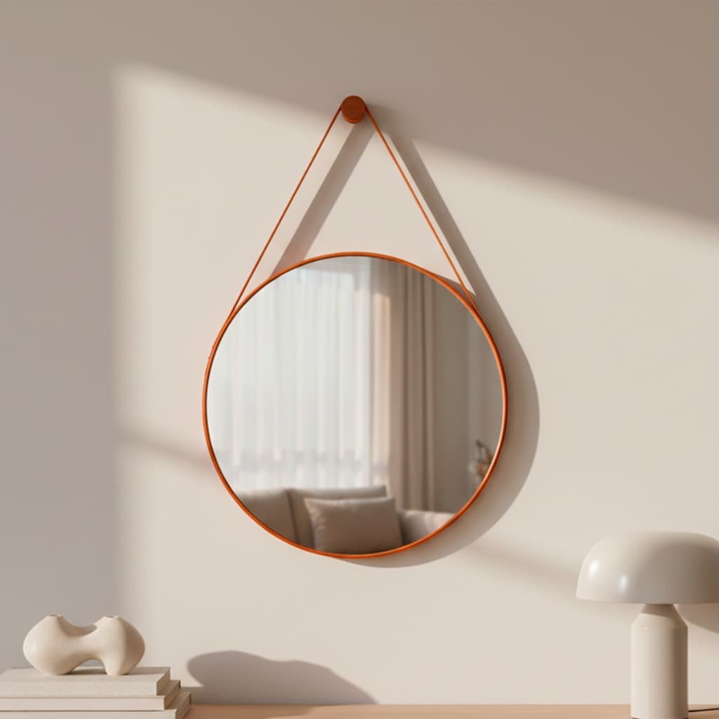 Espelho Adnet 30cm Redondo Decorativo de Parede para Quarto Sala Banheiro Lavabo c/ Alça + Suporte