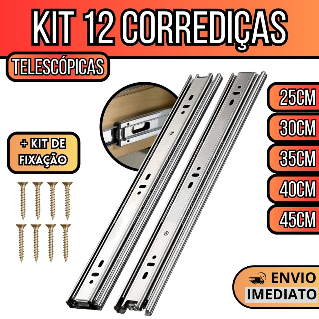 Kit 12 Corrediça Telescópica Light 35cm Trilho Gaveta 30kg Com Parafusos Deslizamento Suave