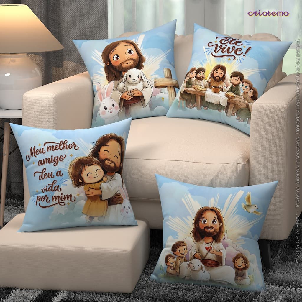 Kit 04 Capa de Almofada Páscoa Cristão Decoração Religiosa Decorativa 45x45cm Com Zíper Em Oxford