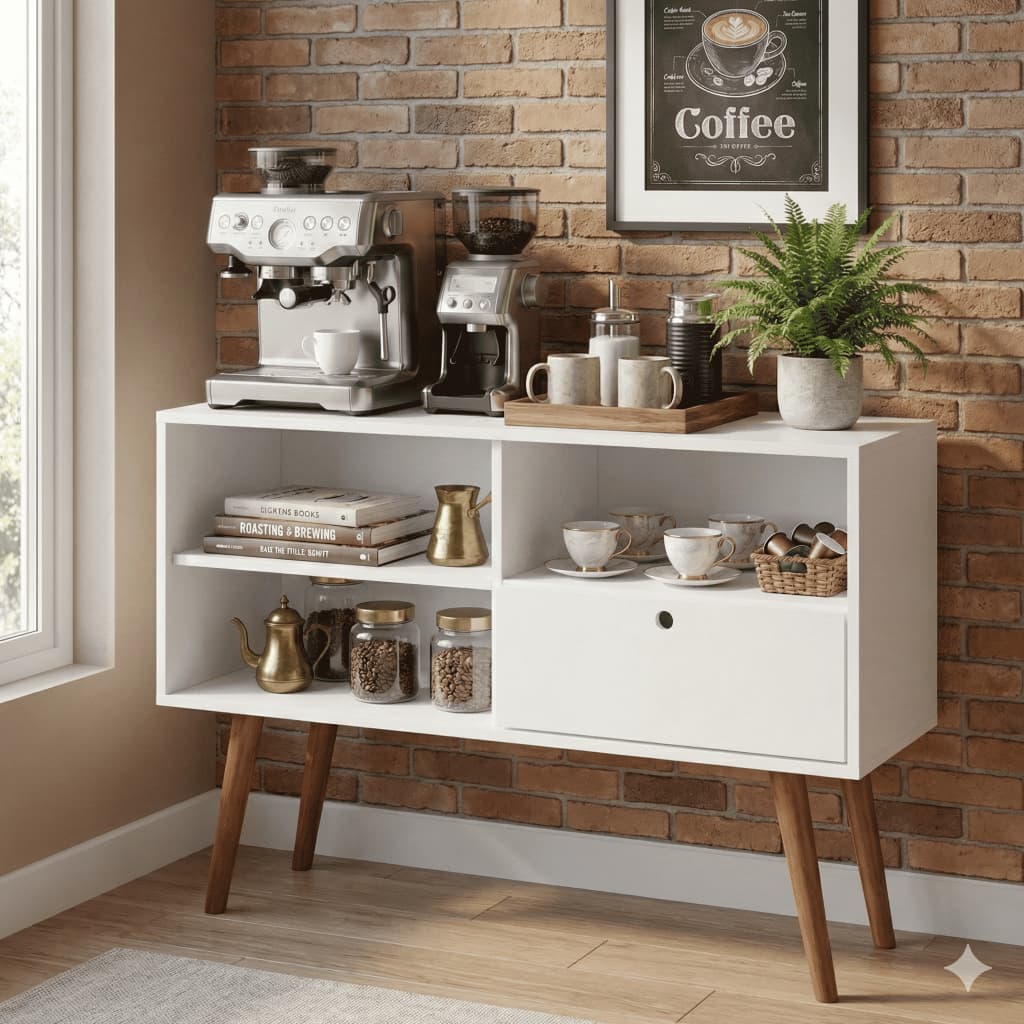Móvel Cantinho do Café e Chá Estilo Industrial com Pés de Madeira Prateleiras Organizadoras