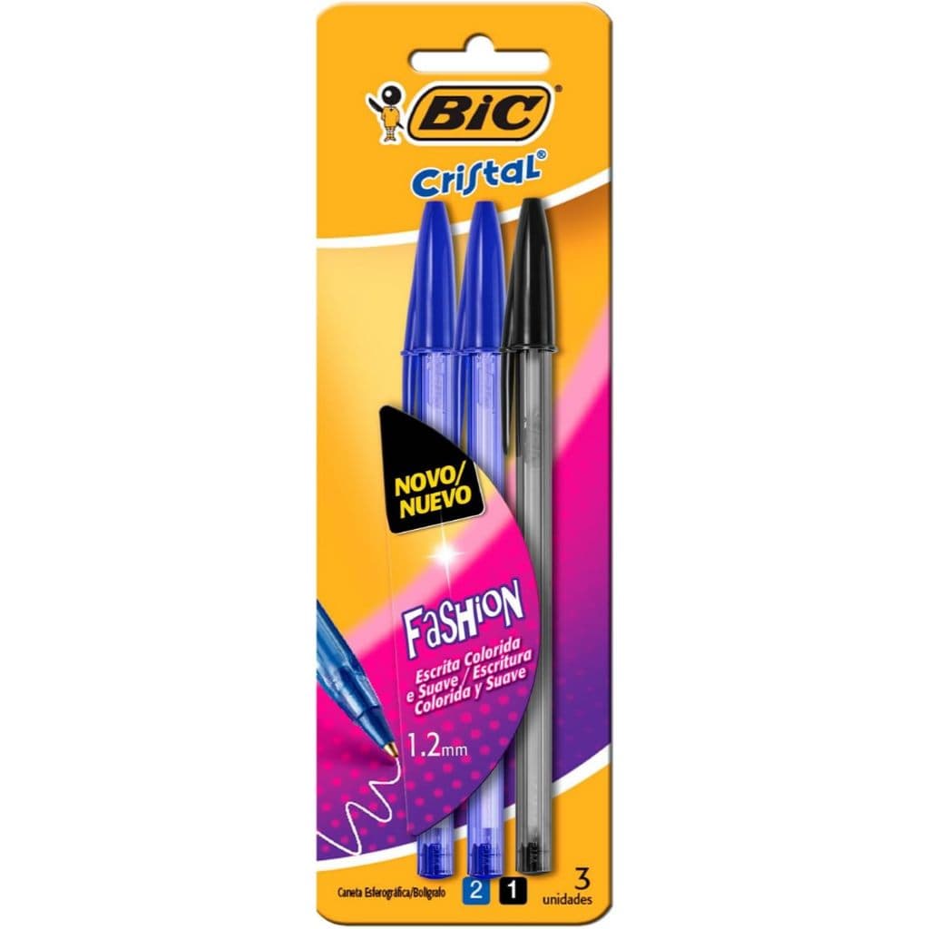 Caneta Esferográfica BIC Cristal Fashion com 2 Azul e 1 Preta, Ponta Média de 1,2mm, Escrita Macia