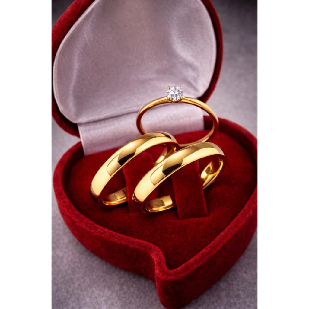 Par de Aliança de Casamento e Compromisso Fina 4mm Lisa Tradicional Banhada Premium + Anel Solitário de Noivado