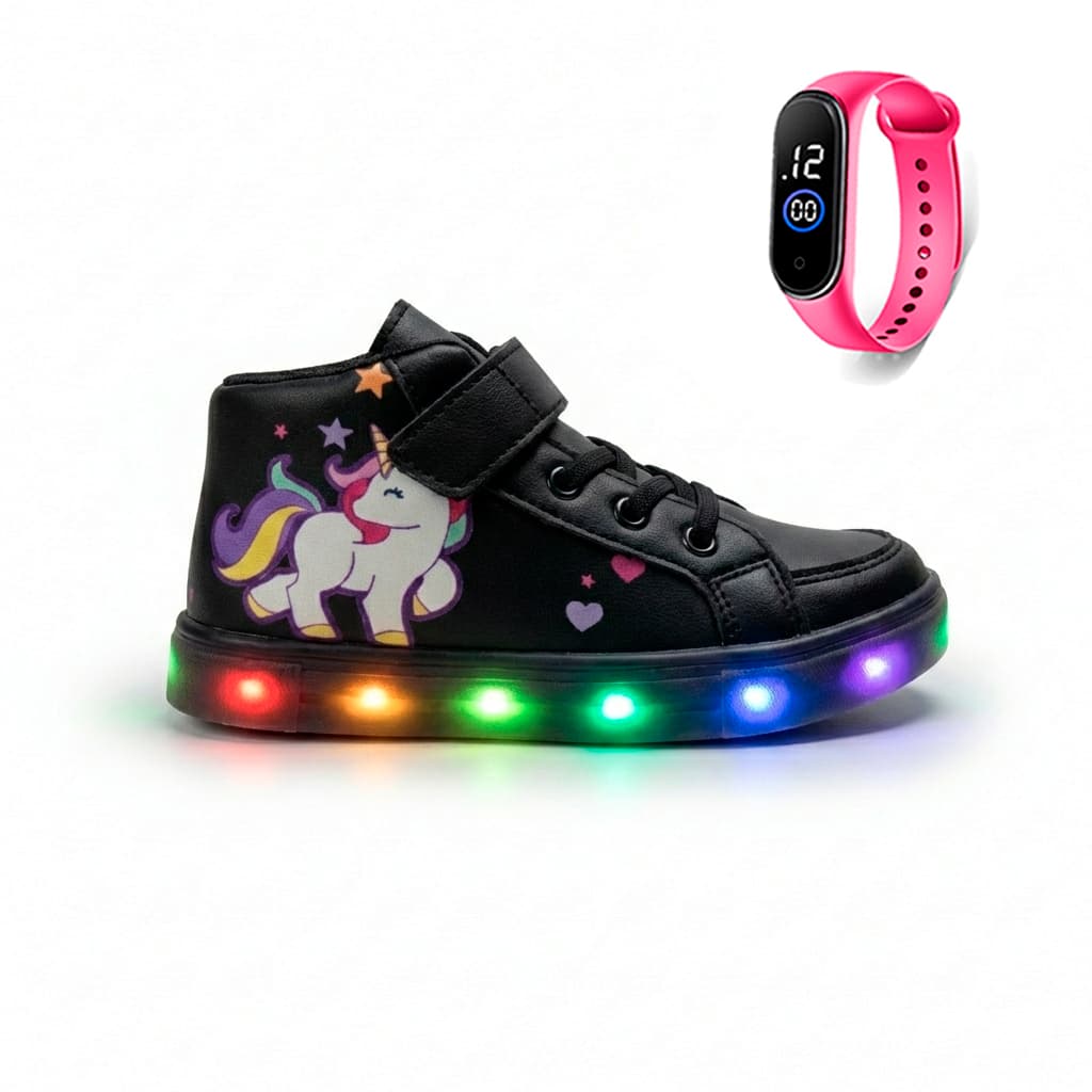 Tênis Feminino Infantil De Led Botinha de Unicórnio Infantil Escolar + Relogio