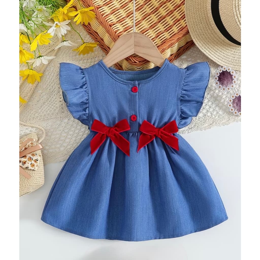 Vestido Bebê Jeans com Laços Vermelhos Mariah