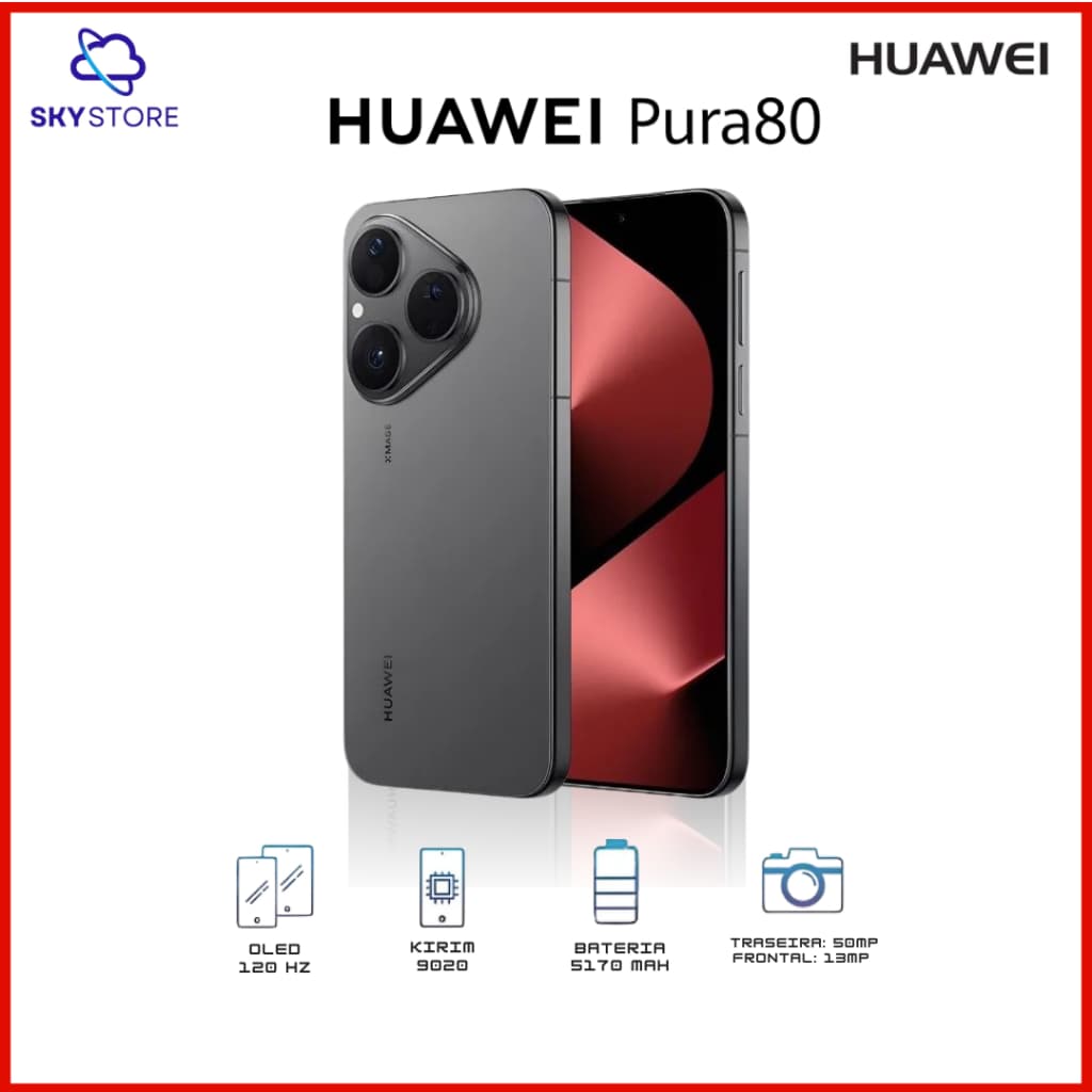 Huawei Pura 80, 256GB + 12GB RAM, Processador Kiri 9020, Versão Global, Câmera 50MP, Bateria 5120mAh