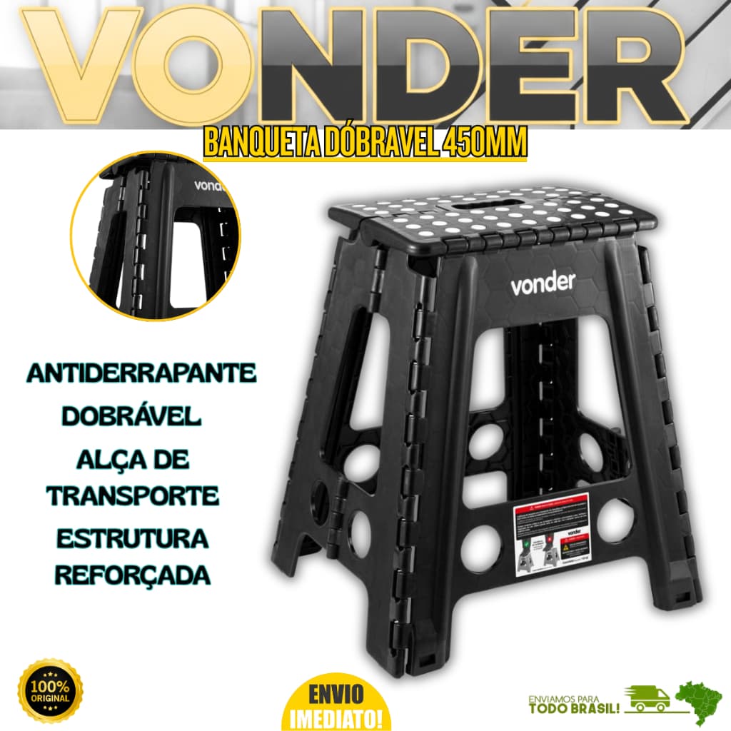 Banqueta Plástica Dobrável 450mm Com Alça de Transporte Antiderrapante Preta Vonder Oferta Premium