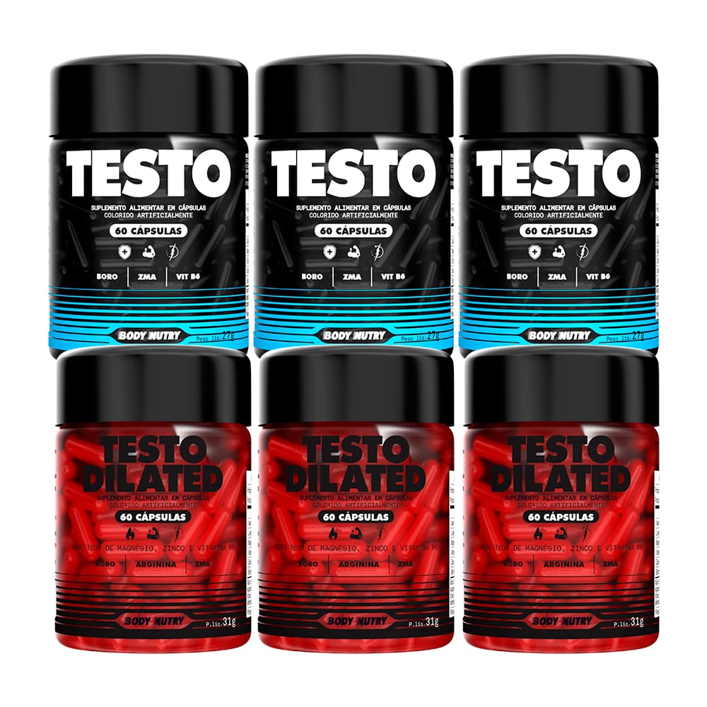 Kit Suplemento - 3x Testo Dilated + 3x Testo, 60 Cápsulas c/ Arginina - Mais Energia e Dilatação