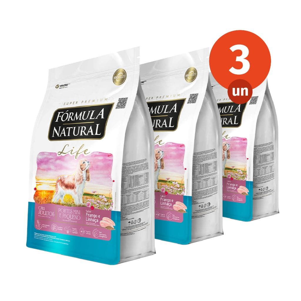 Kit 3 Ração Fórmula Natural Life Cães Adultos Porte Mini e Pequeno 1kg Adimax Total de 3kg