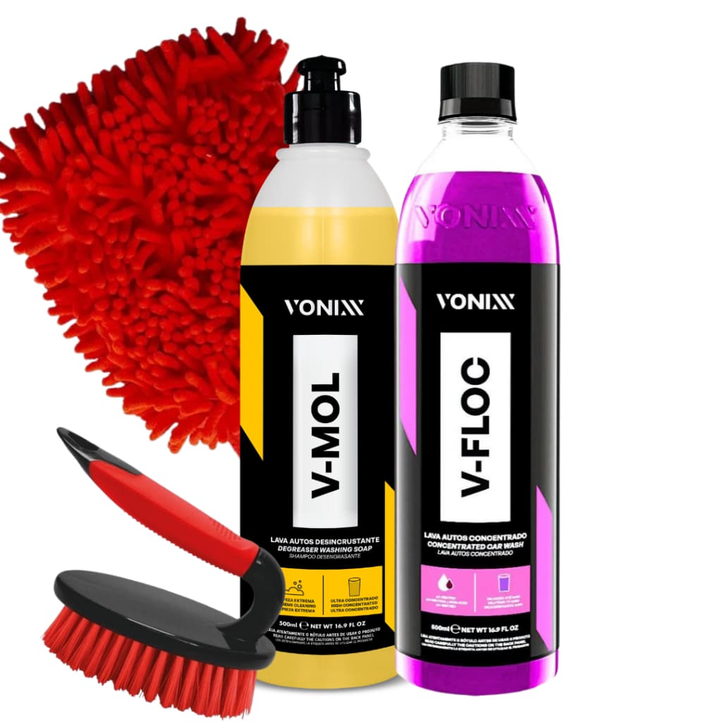 Kit Lavagem Automotiva Vonixx Shampoo Neutro V-Floc V-Mol 500ml e Acessórios Karbox
