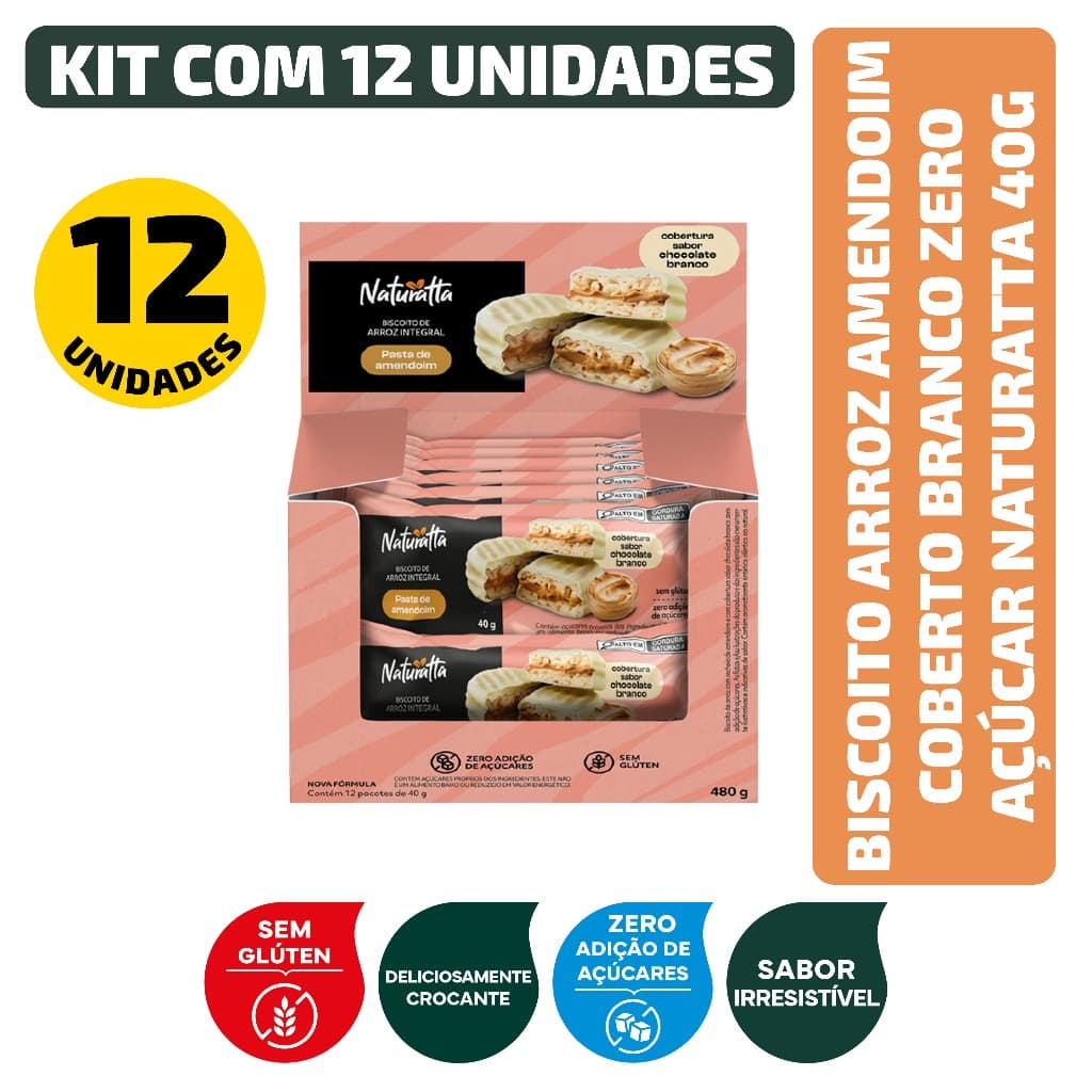 Biscoito Arroz Amendoim Coberto Branco Zero Açúcar Naturatta 40G - Kit 12 Unidades
