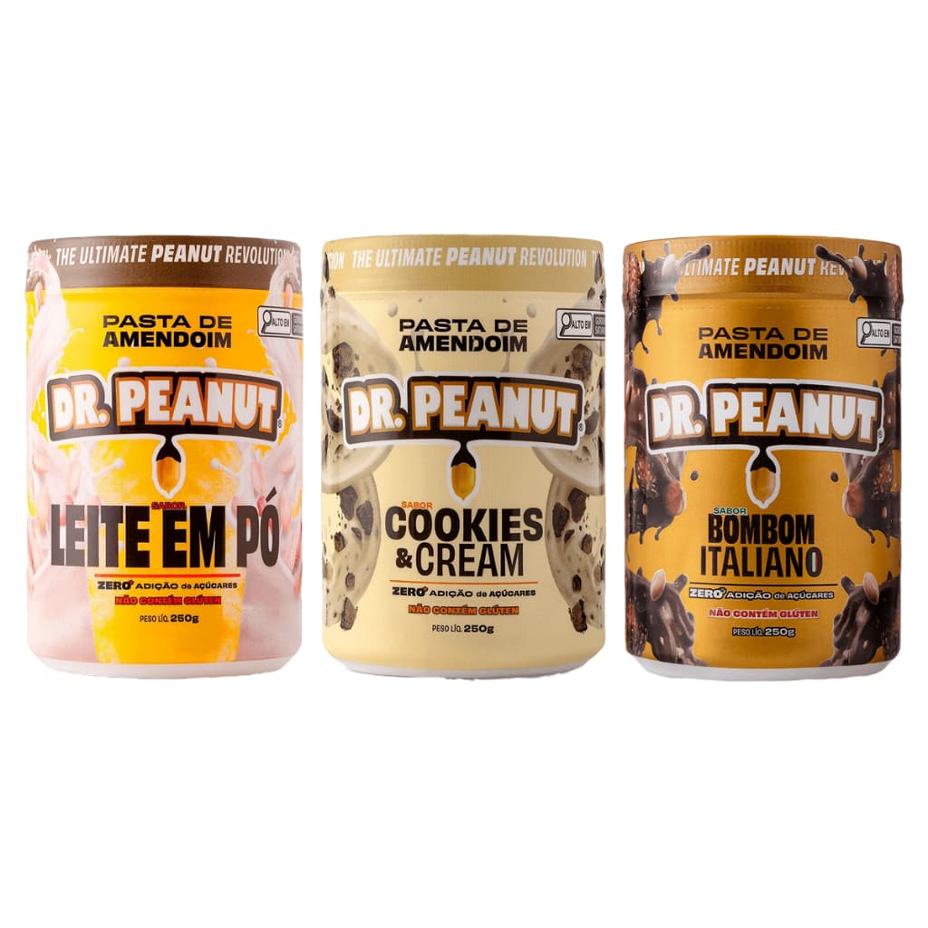 Kit 3 Pastas De Amendoim Dr. Peanut Cookies & Cream + Leite em Pó + Bombom Italiano Com 250g Cada