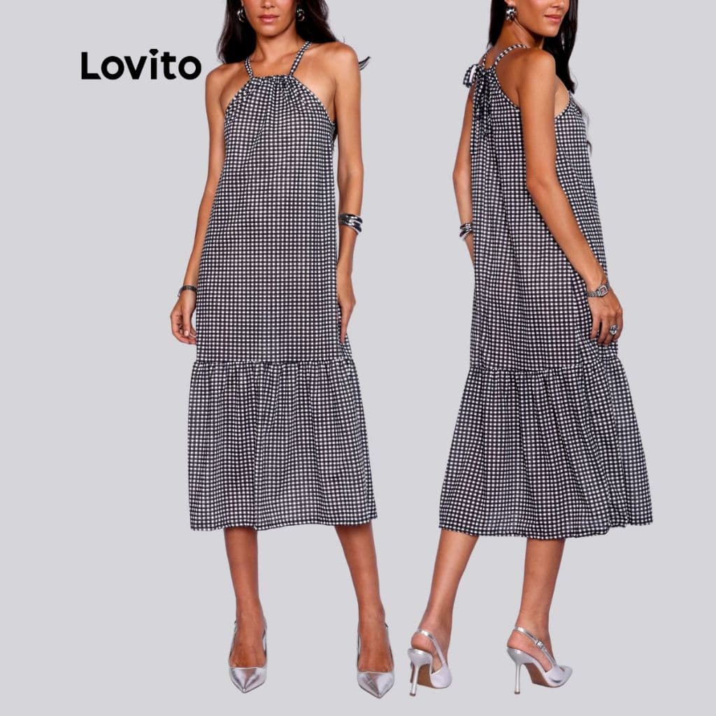 Lovito Vestido Feminino Midi Reto Estampa Xadrez DRB15671597