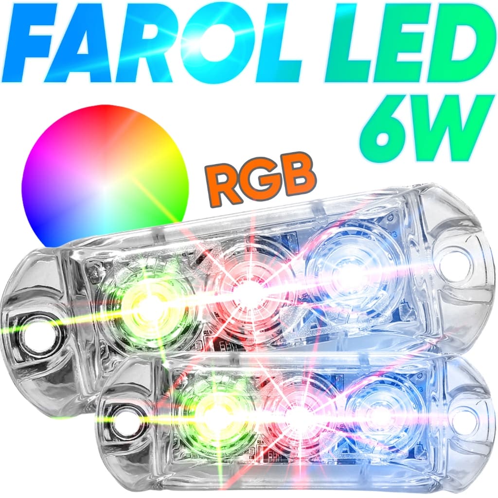 Par Faróis LED RGB AJK 6W Automotivo Strobo 12V Colorido 2 Faróis Alta Potência e Efeito Som