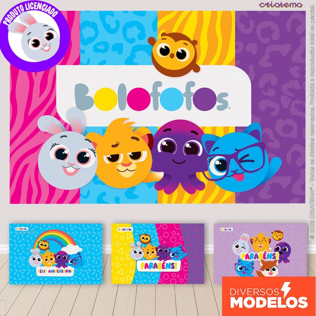 Painel de Festa Bolofofos Decoração Retangular Horizontal para Aniversário Sublimado Em Tecido - Licenciado