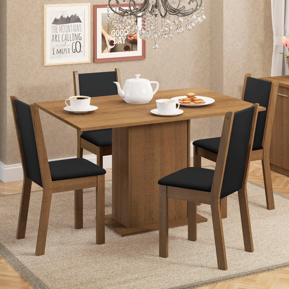 Conjunto Sala de Jantar Talita Madesa Mesa Tampo Madeira 4 Cadeiras - Rustic/Preto/Sintético Preto