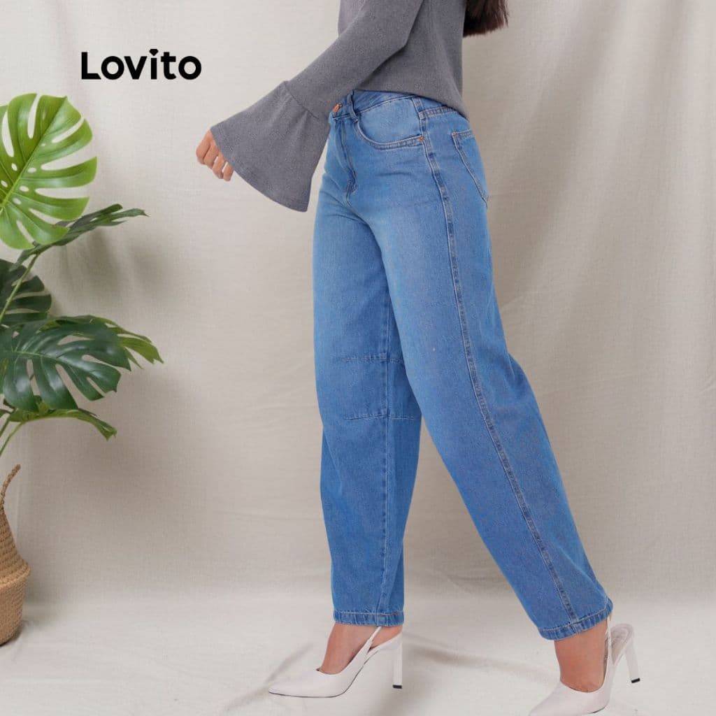 Lovito Calça Jeans Mom Casual Moda Cintura Alta Lisa para Mulheres JNB902BRL932