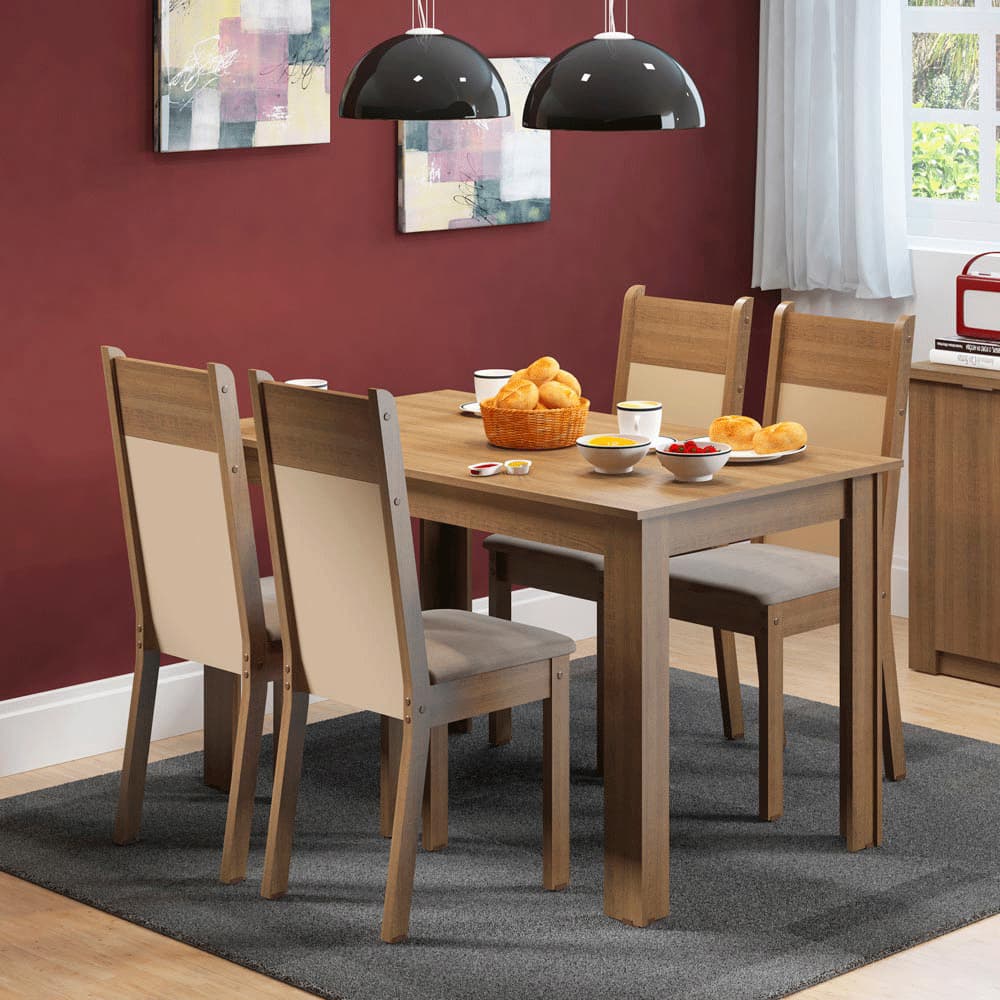 Conjunto Sala Jantar Havana Madesa Mesa Tampo de Madeira com 4 Cadeiras Rustic/Crema/Sintético Bege