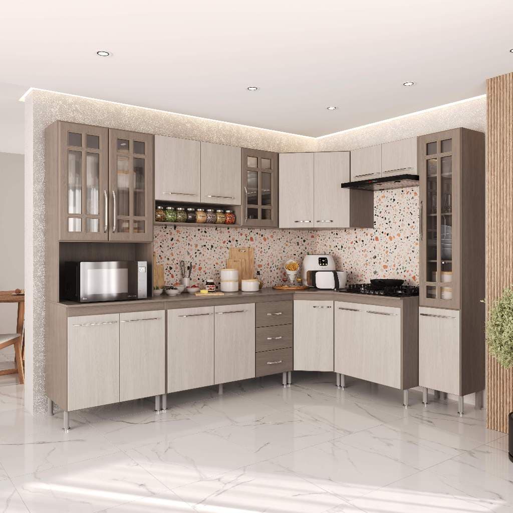 Armário de Cozinha Modulada Completa Fidelitá Paris 8 Peças 445cm 18 Portas 3 Gavetas Com Tampo Nogal/Salinas