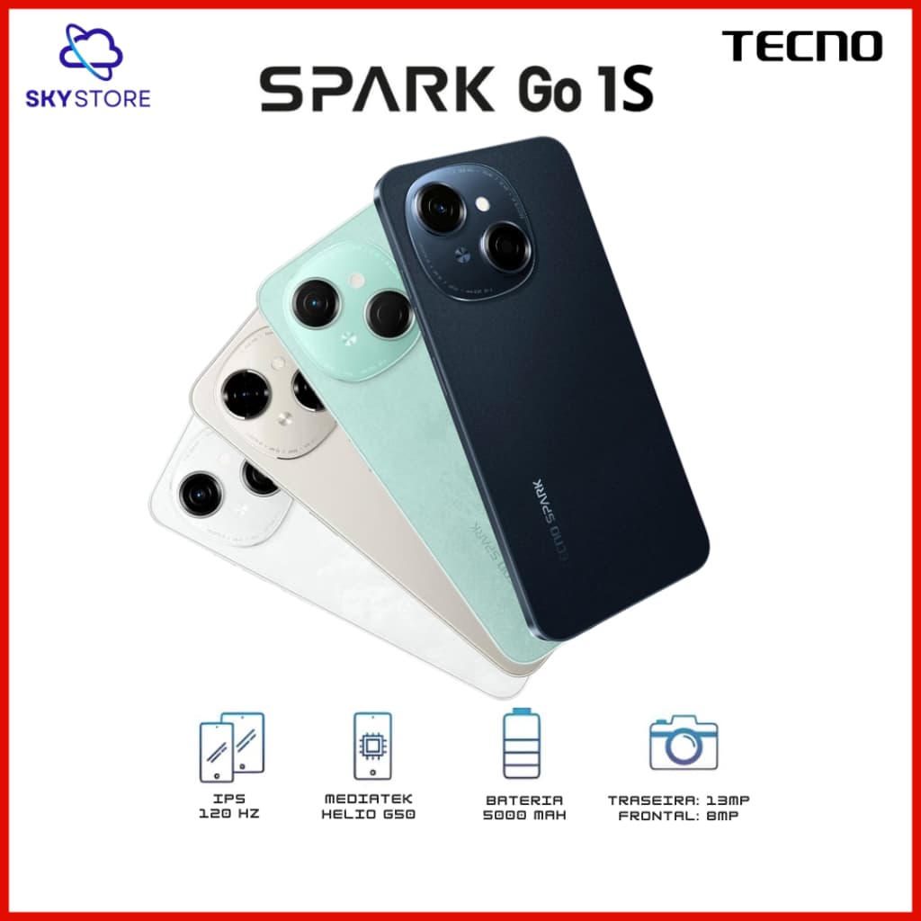 Tecno Spark Go 1S 4G, 64GB Armazenamento 3GB RAM, Bateria 5000MAH, VERSÃO GLOBAL, Mediatek Hélio G50