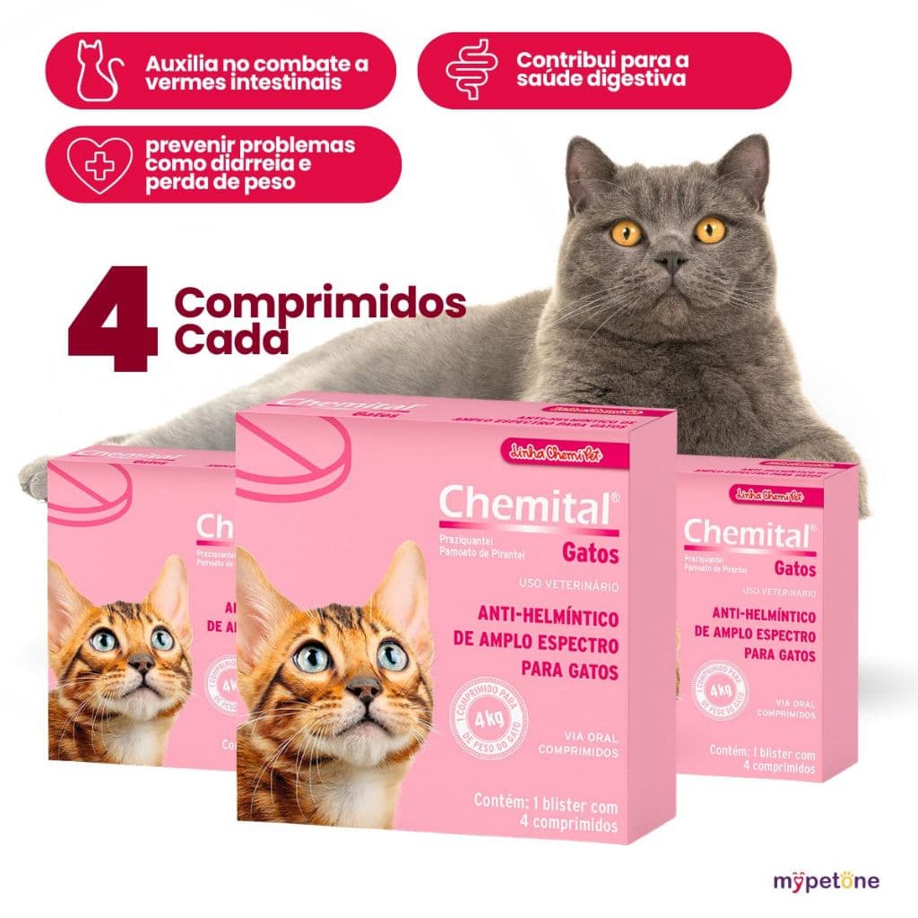 Kit 3 Chemital Chemitec Vermífugo para Gatos - 4 Comprimidos